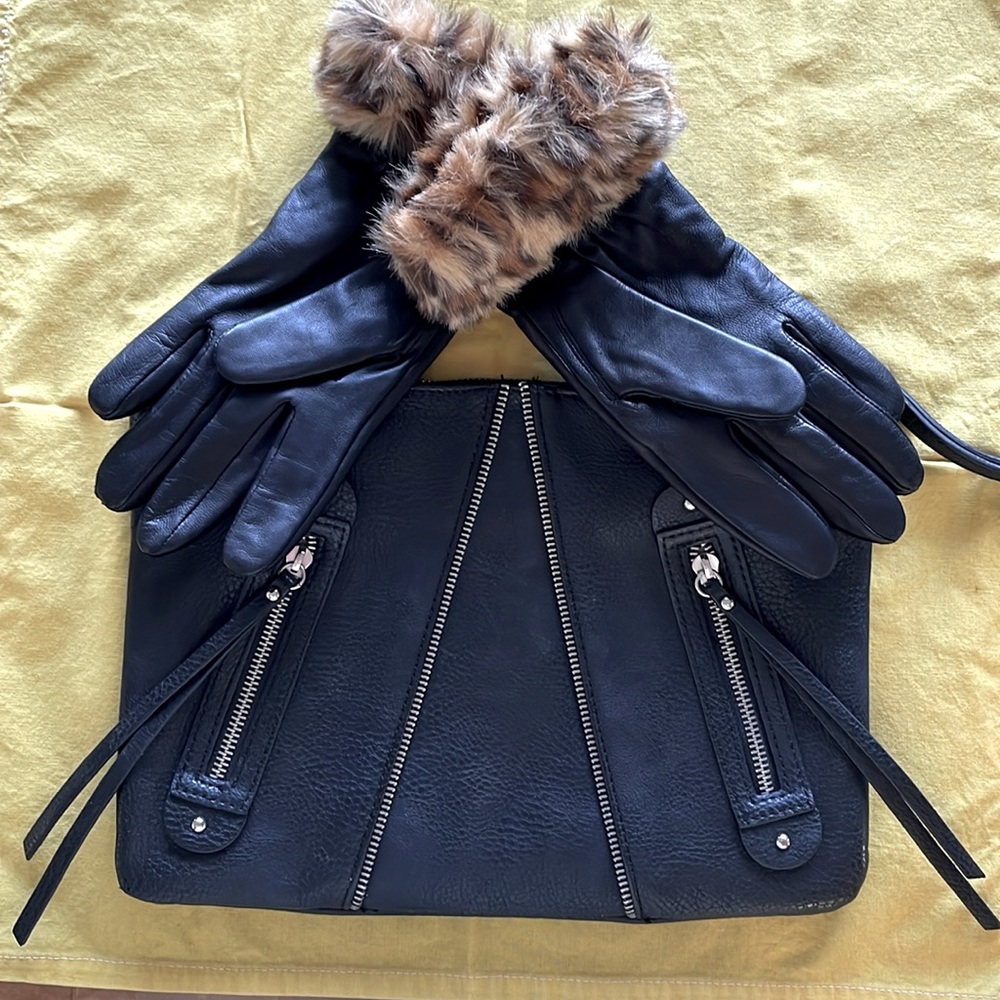 Cute Black Zipper Clutch and Black leather gloves with faux fur!